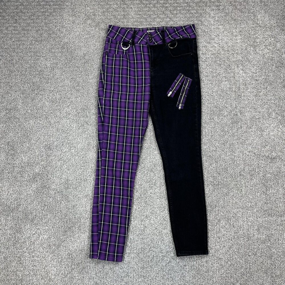 HT Denim Jeans Juniors 11 Purple Plaid Black High Rise Super Skinny Grunge Punk